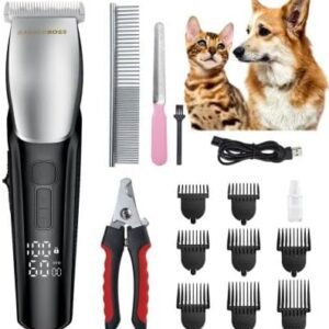 BarberBoss Pet Clipper - Slim Design 100% Waterproof Multiple Accessories 8 Combs Ceramic Head LED Indicator Dog Cat Trimmer QR-9083