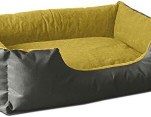 BedDog® Lupi Dog Bed Made of Cordura, Microfibre Velour, Washable Dog Bed with Edge, Square Dog Cushion for Indoor/Outdoor Use, S, Yellow-Rock, Grey-Yellow