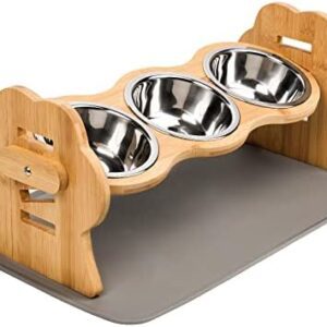 Bewahly Raised Dog Bowl, Height Adjustable Cat Bowl, Bamboo Feeding Station with Mat, Feeding Bowl for Cats and Small Dogs, 3 Stainless Steel Feeding Bowls, Dog Bowls, Cat Bowls, Puppy Bowls