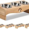 Cat Bowls, Set of 3, Height Adjustable, Feeding Station Cat 3 Bowls, Stainless Steel Feeding Bowl on Wooden Stand, 15° Ergonomic Feeding Bowl for Cats and Small Dogs