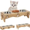 Cat Bowls Set of 3 Height-Adjustable – Raised Feeding Station Cat 3 Bowls – Feeding Bar with Wooden Stand – Feeding Bowl with 3 Stainless Steel Bowls for Cats, Small Dogs