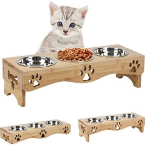 Cat Bowls Set of 3 Height-Adjustable – Raised Feeding Station Cat 3 Bowls – Feeding Bar with Wooden Stand – Feeding Bowl with 3 Stainless Steel Bowls for Cats, Small Dogs