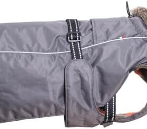 Chiara Dog Coat with Dog Harness (Dog Clothes with Fleece and Faux Fur Collar, Warm Dog Coat, Reflective Stripes on Back and Strap, Adjustable, Large, Grey)