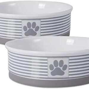 DII Bone Dry Paw Patch & Stripes Ceramic Pet Bowl for Food & Water with Non-Skid Silicone Rim for Dogs and Cats (Large - 7.5" Dia x 4" H) Gray - Set of 2