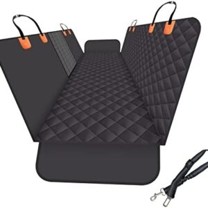 Dog Back Seat Cover for Car SUV and Truck with Mesh Windows, Scratch and Water Resistant Material, Upgraded Version, Black Orange (with Dog Leash)