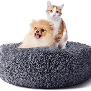 Dog Bed for Small Dogs - Washable Dog Cushion Plush Doughnut Cuddly Cat Bed Fluffy Dog Beds Round Dog Basket Diameter 60 cm Outer Diameter (S), Dark Grey