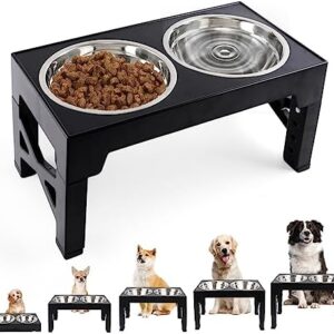 Dog Bowl Raised Dog Bowls Height Adjustable with 5 Heights Dog Bowl Stand with 2 Dog Bowls Stainless Steel Feeding Bowl for Large, Medium and Small Cats and Dogs Black