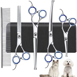 Dog Grooming Scissors, 6-in-1 Dog Grooming Scissors, Thinning Scissors Dog Scissors Made of 4CR Stainless Steel, Dog Scissors with Round Tip, Curved Dog Scissors, Gifts for Pets Owners