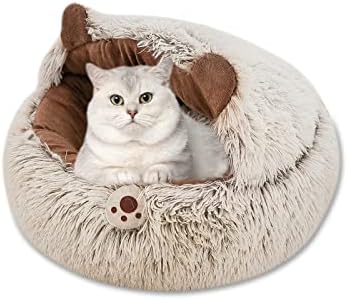 Galatée Pet Cave Bed, Cat Nest with Removable Washable Inner Cushion, Soft Plush Doughnut Bed Cuddly Toy, Soft Fluffy Washable Kitten Bed (S, Brown)
