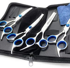 Gravitis Pet Supplies Professional Dog Grooming Scissors Five Piece Set with Case - 5 Pack: 2 x Curved Dog Trimming Scissors, Thinning Shears (Blending Scissors), Straight Scissors and Comb (Blue)