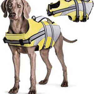 Hjyokuso Dog Life Jacket Adjustable Dog Swimming Vest Float Coat Ripstop Dog Safety Vest Adjustable Preserver with High Buoyancy and Durable Rescue Handle for Small Medium Large Dogs Yellow XXL