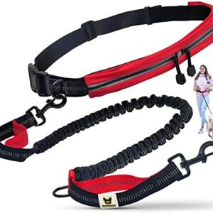 Hundefreund Hands Free Dog Leash with 2 Expandable Waist Pouches Red