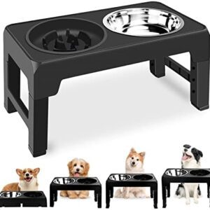 JOLIGAEA Raised Dog Bowl, 4 Height Adjustable Bowl Stands with Slow Feeder Bowl and Stainless Steel Bowls, Foldable Raised Feeding Station for Small, Medium and Large Dogs and Pets, Black