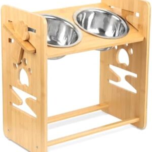 JOLIGAEA Raised Dog Bowl, 6 Height Adjustable Dog Bowls, Durable Bamboo Raised Feeding Bowl with 2 Stainless Steel Bowls and Non-Slip Feet for Dogs and Cats