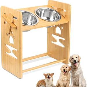 JOLIGAEA Raised Pet Bowls, Pet Bowls with Stand for Dogs and Cats Adjustable Bamboo Feeder Dog Dishes with 2 Stainless Steel Bowls Dog Food and Water Bowls for Cat and Small&Medium Dog