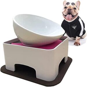 JWPC Bulldog Pet Bowl Non-Slip Dog Cat Bowl Removable Rubber Feeding Bowl Sterile Inclined with Slanted Base (White/Ceramic)