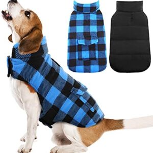Kuoser Cozy Dog Winter Coat, Windproof Dog Jacket British Style Plaid Cold Weather Dog Coat Reversible Warm Dog Vest for Small Medium Large Dogs Blue 3XL