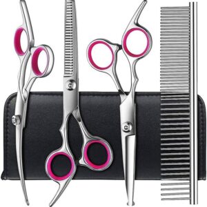 LONXAN Dog Scissors, Grooming Scissors Set with Round Safety Tip, Stainless Steel Cat Grooming Scissors for Pet Hair Grooming for Dogs and Cats