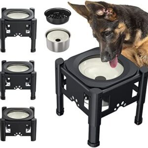 Lewondr Elevated Dog Water Bowl, with 2.9L Floating Disk No-Spill Water Bowl for Dogs and 1.1L Slow Feeder Dog Bowl, 3 Heights Adjustable Elevated Dog Bowl Water Dispenser for Small to Large Dogs