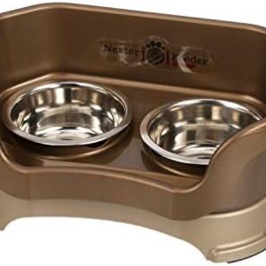 Neater Feeder Deluxe Small Dog (Bronze) - The Mess Proof Elevated Bowls No Slip Non Tip Double Diner Stainless Steel Food Dish with Stand