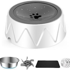 Odoland 4 in 1 Dog Water Bowl Set, Included Non Spill Slow Drink Pet Water Bowl 1.5L, Slow Feeder Insert, Stainless Steel Dog Bowl, Pet Food Mat, Non Slip Pet Water Bowl with Filter for Dog