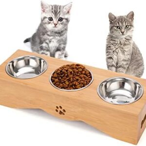 Optyuwah Cat Feeding Station, Cat Bowl on Bowl Stand, Set of 3 Stainless Steel Bowls, Feeding Bowl Set for Water and Food, Feeding Bowls for Cats or Small Dogs