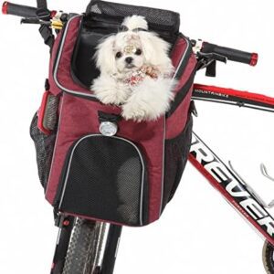 PETCUTE Pet Bicycle Bag for Dogs Cats, Foldable Dog Backpack with Side Pockets, Front Bicycle Basket for Small Pets with Reflective Bands and Light, Easy Installation