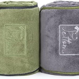 PETTOM Dog Towel 2 Pcs with Hand Pockets Super Absorbant Pet Towels for Dogs Puppys Cats, Microfibre Dog Drying Towel Quick Drying and Machine Washable, Grey and Green 90 x 50cm