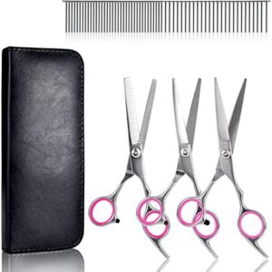 Pet Grooming Set, Stainless Steel Dog Scissors Trimmer Kit for Dogs Cats Full Body Face with 6 Inch Fur Scissors, Thinning Scissors, Curved Scissors and Dog Comb