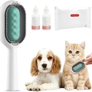 Pet Hair Cleaning Brush, 4-in-1 Cat Brush with Water Tank, Cleaning Solution and Wet Wipes, Self-Cleaning Cat Brush, Pet Grooming, Comb, Cat Hair Brush (Short Hair/Green)