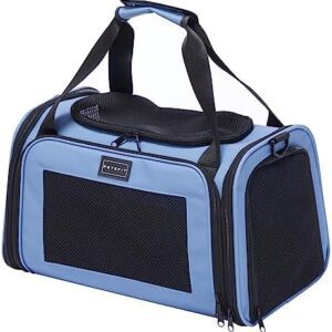 Petsfit Cat Dog Transport Box, Foldable Carry Bag, Dog Bag for Cats, Small Dogs, Portable Dogs, Flight Bag, Travel Bag for Dogs with Shoulder Strap and Expandable Bed Insert, Blue