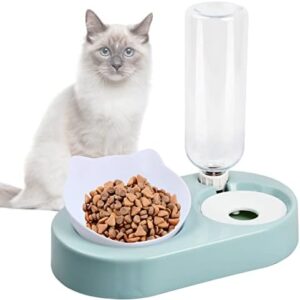 Pinsheng Cat Feeding Bowl, Cat Feeding Bowl with Water Dispenser, Cat Feeding Bowl Set with 0-15° Adjustable Tilt, Automatic Water Bottle, Removable Feeding Bowl for Cats and Dogs (Green)