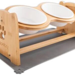 Premium Dog Bowl Ceramic or Cat Bowl Height Adjustable, 700 ml per Bowl, Perfect Feeding Bowl for Dogs and Cats, Bowls with Bamboo Feeding Station + Non-Slip Bowl Mat Selectable