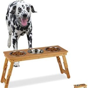 Relaxdays Bowl Stand, Medium Dogs, for Water & Food, Height Adjustable and Foldable, H x W x D 31 x 70 x 23 cm, Natural, 3 Bowls, 1 Piece