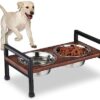 Relaxdays Dog Feeder Raised Dog Bar, 2 Stainless Steel Feeding Bowls, 750 ml Each, Mango Wood & Iron, Brown/Black