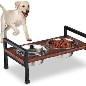Relaxdays Dog Feeder Raised Dog Bar, 2 Stainless Steel Feeding Bowls, 750 ml Each, Mango Wood & Iron, Brown/Black