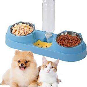 Tkekruh Cat Bowl with Water Dispenser Cat Bowl Set 15° Tilting Double Food Bowl for Wet and Dry Food, Cat Feeding Bowl Set of 3 with Automatic Water Bottle, Small Medium Dogs Cats