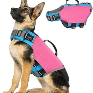 VavoPaw Dog Life Jacket, Dog Life Vest Jackets with High Buoyancy Rescue Handle Adjustable Ripstop Safety Vest Float Lifesaver Vest for Swimming Boating Dogs, XL Size, Rose Red