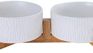 White Ceramic Cat Dog Bowl Dish with Wood Stand No Spill Pet Food Water Feeder Cats Large Dogs Set of 2