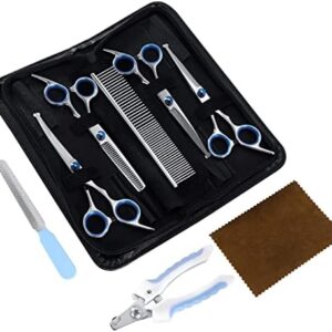 WiMas Dog Grooming Scissors Set Stainless Steel Pet Grooming Trimmer Set with Safety Round Tip Straight/Thinning/Curved Scissors and Comb with Extra Nail Clipper and Nail File for Dogs Cats
