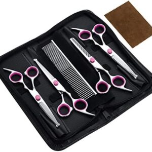 WiMas Grooming Scissors Set Stainless Steel Dog Scissors Kit with Round Safety Tip Including Straight Scissors Thinning Scissors Curved Scissors and Grooming Comb for Dogs and Cats