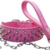 haoyueer Studded Dog Collar Punk Studded Dog Collar with Stainless Steel Buckle Soft Leather Combo Set Durable Fit Pitbull Bulldog Doberman (XL, Hot Pink)