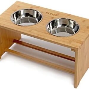 lionto Raised Dog Bowl Feeding Station for Dogs, Food bar for Pets, Made of Bamboo, 2 Bowls Made of Stainless Steel, Non-Slip, 50 x 26 x 26 cm