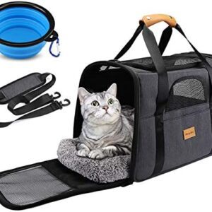 morpilot Cat Carrier, Portable Pet Carrier Bag for Cats and Small Dogs, Foldable Soft Sided Transport Carrier, Airline Approved, Removable Mat and Pet Bowl, Gery, Medium Size (5291030-MO-VC)