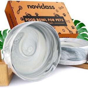 noviclass® Ceramic Dog Bowl Double Feeding Bowl Ceramic Dog Cat Ceramic Bowl Set with Bamboo Frame 850 ml Double Grey