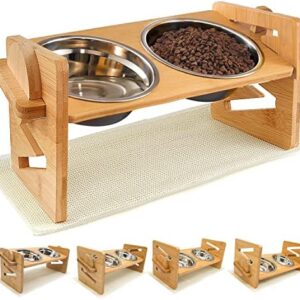 SeaMorn Dog Bowl,Raised Dog Bowl, Elevated Tilted Dog Bowl Stand,Adjustable Height Bamboo Elevated Puppy and Cat Stand Feeder with 2 Stainless Steel Bowls and Non-slip Food Mat