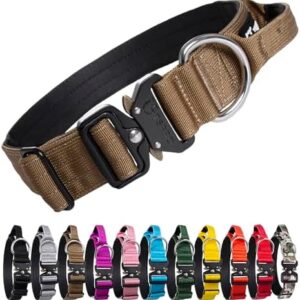 TSPRO Tactical Dog Collar Military Strong Metal Buckle Dog Collar Adjustable Training Dog Collar with Handle(L-Khaki)