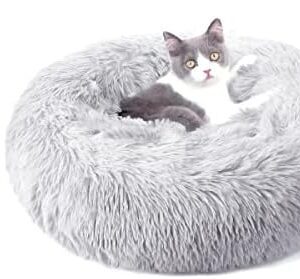 Cat Bed Plush Doughnut Dog Bed Round Dog Cushion Dog Sofa with Cat Feather Toy Warm and Soft Fluffy Washable Cushion Mat for Cats and Small Dogs (Light Grey 50 cm)