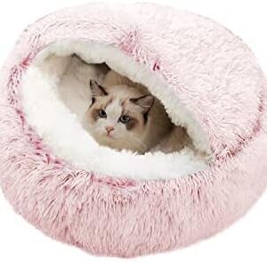 Cat Bed Plush Hooded Cat Bed Cave, Cozy for Indoor Cats or Small Dog beds, Cat Calming Bed, Doughnut Calm Anti-nxiety Cat Bed for Small Medium Pets Snooze Sleeping Indoor (Plush Ceiling-Pink)