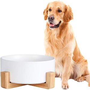 Ceramic Dog Bowl - Cat Dog Bowls with Non Slip Wood Stand - No Spill Pet Dish for Food Water Feeding Extra High Capacity (8 Cup-Suitable for Large Sized Dog)